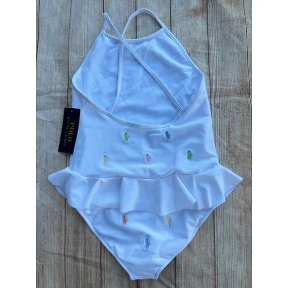 NWT Polo Ralph Lauren Girls Multi Color ALL OVER Polo Pony Embroidered SWIMSUIT - Picture 3 of 9
